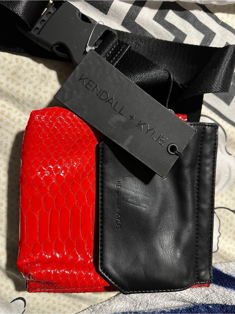 Kendall & Kylie Red Snakeskin-Texture with Black Belt Bag